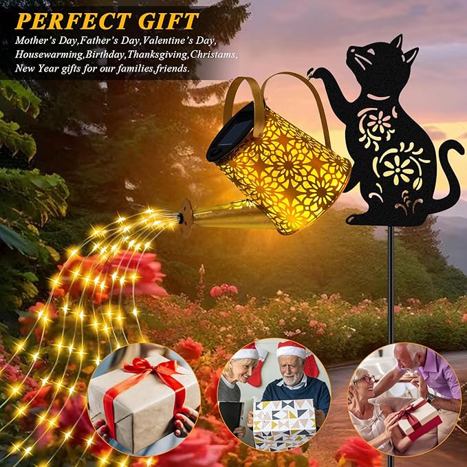 Solar Lights Outdoor Decorative Watering Can with Cascading Lights with Cat Silhouette Garden Stakes Gifts for Mom Women Waterproof Metal Garden Decor for Yard Art Outside Patio Lawn Ornaments
