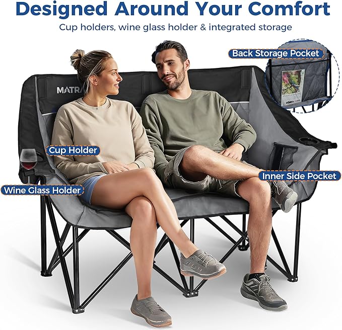 Oversized Double Camping Chair Quilted Diamond-Stitch Padded Seat Dual Cup &amp Wine Glass Holders Heavy-Duty Folding Loveseat for Outdoor Camping Beach &amp Backyard(Black)