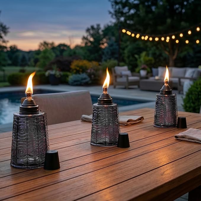 Seraphic Citronella Table Top Torches for Outdoor Patio 16oz Decorative Glass Torch Citronella Candles for Outside Deck Garden Parties Set of 3 Black