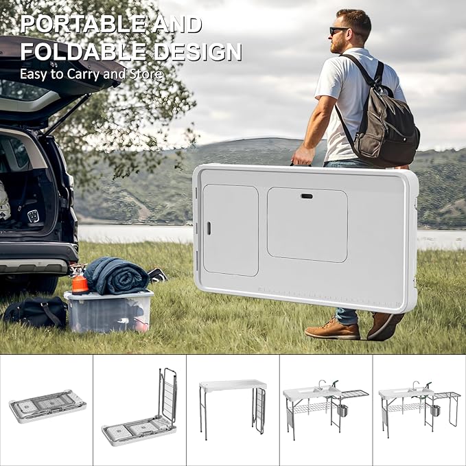 42.5 Fish Cleaning Table with Dual Sink Portable Folding Camping Table with Foldable Extension Stand Faucet Sprayer Grid Rack Hose Hook Up &amp Knife Groove Outdoor Sink Station for Picnic