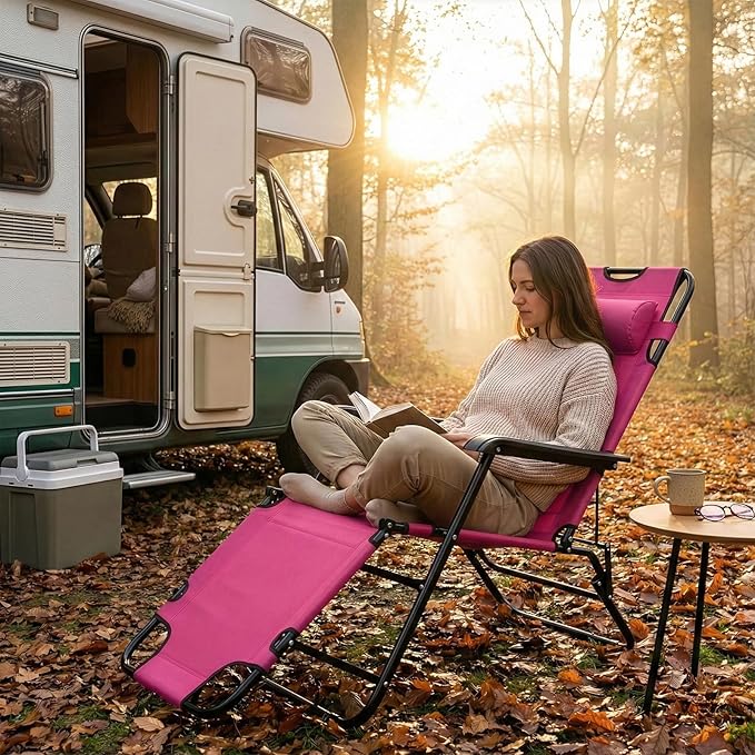Reclining Camping Chair Portable Dual Purposes Extendable Folding Reclining Chair4 Adjustable Positions Patio Beach Chair for AdultsLawn Lounge Chairswith Headrestfor Garden Pool Sports (Pink)