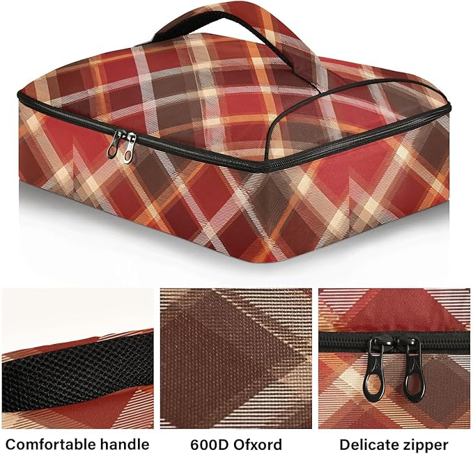 Casserole Carrier Red and Brown Tartan Pattern Insulated Casserole Carrier for Hot or Cold Food Thermal Lunch Tote for Parties Picnic Travel Carry Bag