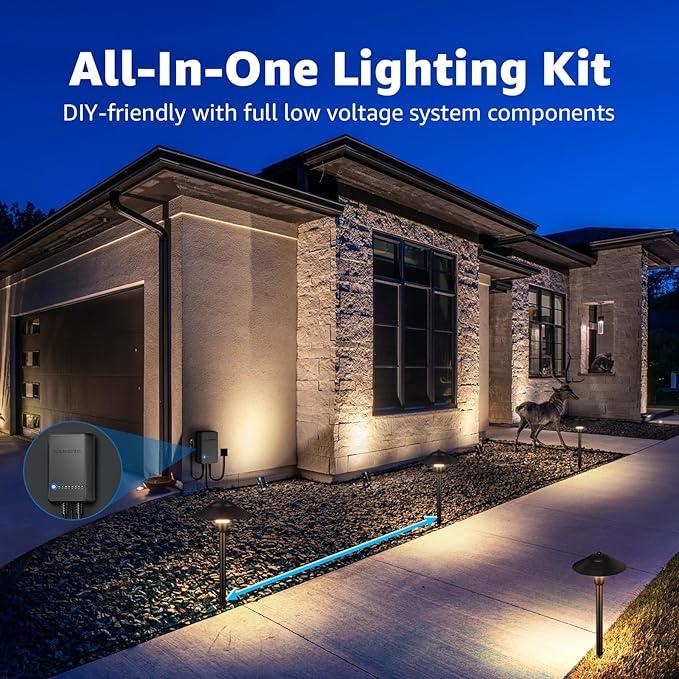 SUNVIE All-in-One LED Low Voltage Landscape Lighting Kit 6 Pathway Lights 2 Spotlights with 60W Photocell Transformer 100FT Wire for Path&ampGarden Aluminum ETL Listed Dusk to Dawn Waterproof 30