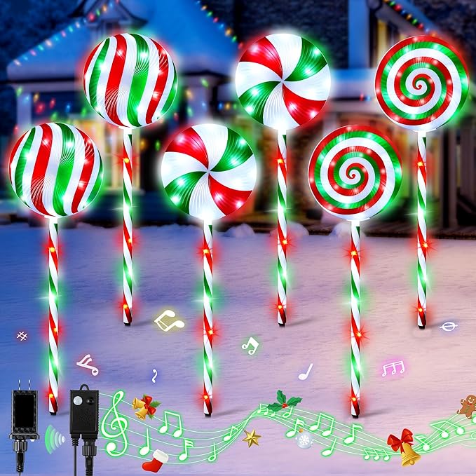 6 in 1 Lollipop Christmas Pathway Lights Outdoor 29 Inch Peppermint Pathway Markers Lights Lighted Candy Cane with 5 Modes and Music for Xmas Holiday Patio Yard Garden(RedWhiteGreen)