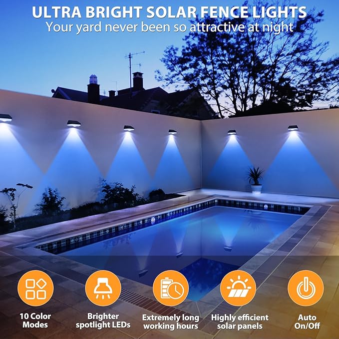 Solar Fence LightsWarm White &amp Cool White &amp RGB 7Colors ＆ Color Changing Mode IP65 Waterproof Solar Lights Outdoor Solar Deck Lights for Outside/Patio/Backyard/Wall/Pool/Fence/Railing/Step(1
