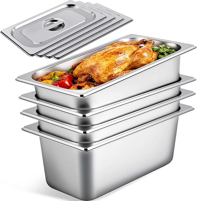 4 Pack Hotel Pans with lids 1/3 Size x 6 Inch Deep Steam Table Pan Reusable Anti Rust Catering Storage Food Pan Stainless Steel Steam Table Pans for Home Party Hotel Restaurant Buffet