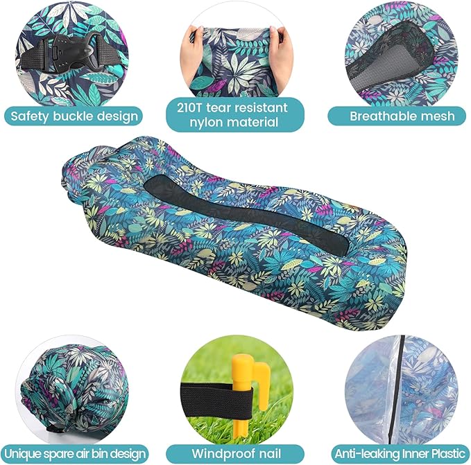 ele ELEOPTION Outdoor Inflatable Camping Couch Waterproof Portable Blow Up Air Sofa Chair Lounger for Backyard Beach Traveling Camping with Compression Sacks (Blue Leaf Print)