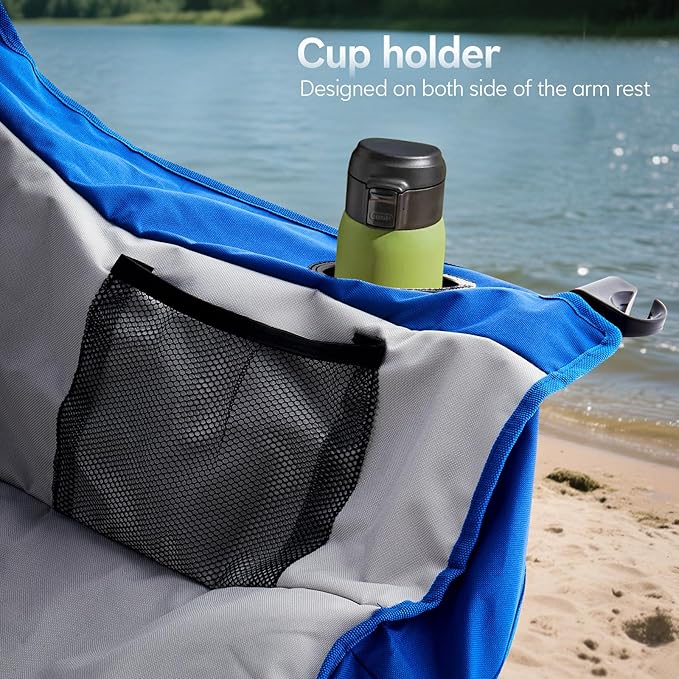 Outdoor Folding Chair with Umbrella Camping Chairs Loveseat Double Oversized Outdoor Chair with Cup Holder&ampCanopy Shade for BBQ Beach Fishing Easy Fold and Carry (Blue+Grey)