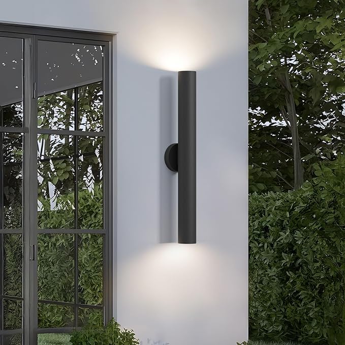 LamQee 28 Long Up and Down Outdoor Wall Light 3000K Integrated LED Modern Exterior Sconces Fixtures in Anti-Rust Cylinder Waterproof IP65 Outside Lighting Wall Mount for House Porch Garage Black