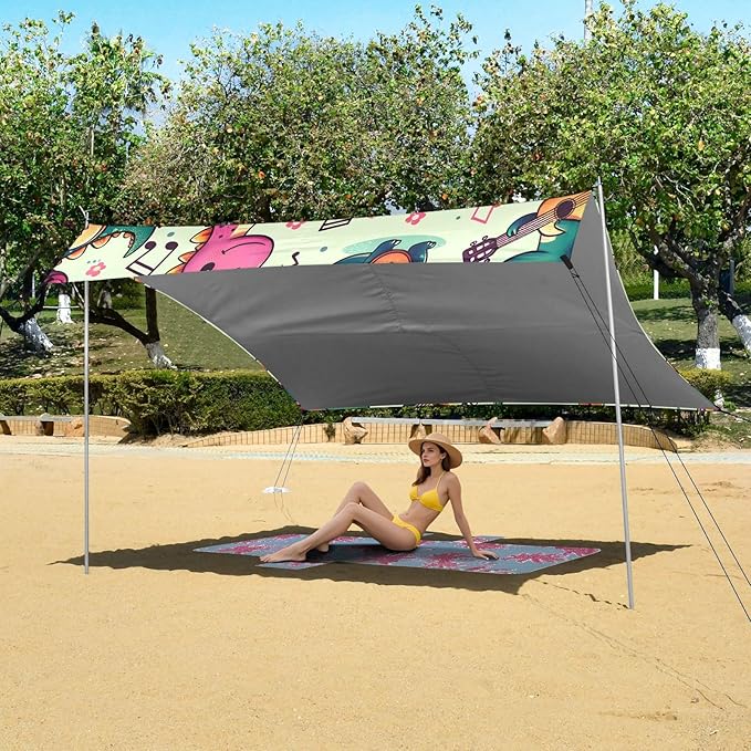 Camping Sun Shelters Cute Dinosaur Playing Music Beach Canopy 126 * 110.2in