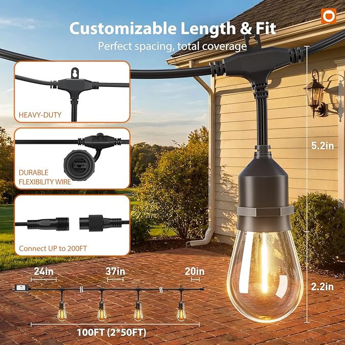 addlon 100FT Outdoor String Lights LED with Remote Dimmable Patio Lights Waterproof Shatterproof with 50 Edison Bulbs for Outside Backyard Porch Garden Bistro Pergola Party Decor Warm Lighting