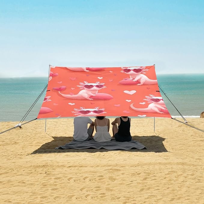 ALAZA Axolotl Salamander Sunglasses Heart Beach Tent Sun Shelter UPF50+ Protection Beach Shade Canopy w/ 4 Sandbags for Outdoor Camping Fishing Backyard Fun Picnic 10x9 ft