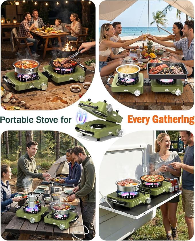 2 Propane Burners Camping Stove 30000 BTU Folding Camp Stove with Windproof Grates and Frying Pan Portable Camping Stoves with Carrying Bag Camping Essentials for Tailgating/Grilling/Coffee Green