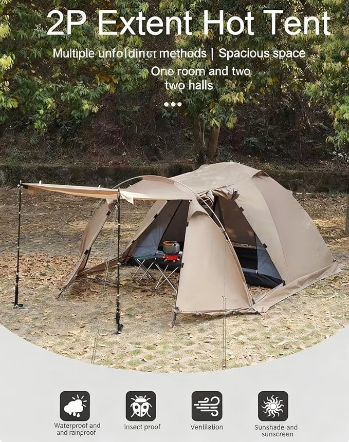Massif Hot Tent with Stove Jack 4 Season Tent 2 Person Camping UPF50+ Waterproof Windproof WinterKhaki Dual Room Design with Extended Porch