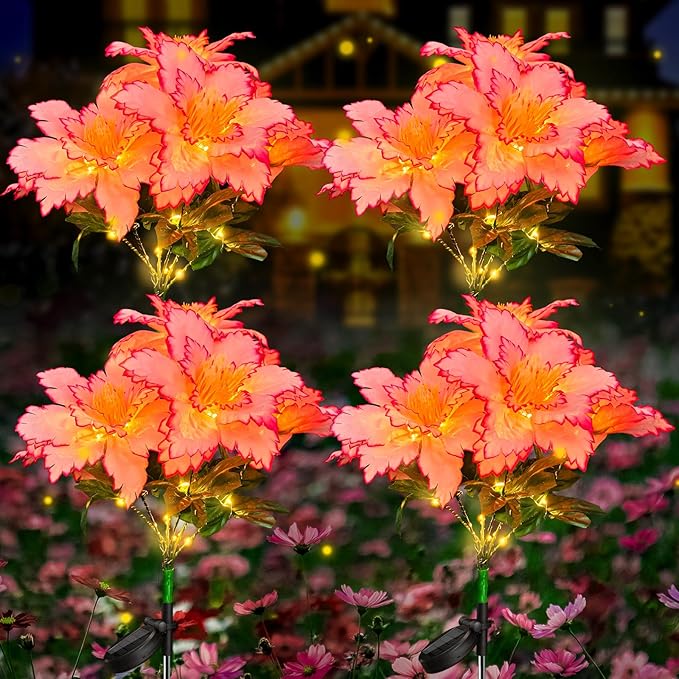 Neporal Solar Flowers Outdoor Waterproof Rhododendron Garden Solar Lights Decorative 4PK 7-Stem 2 Decor Lighting Modes Solar Powered Garden Decor Solar Yard Decor (Pink)