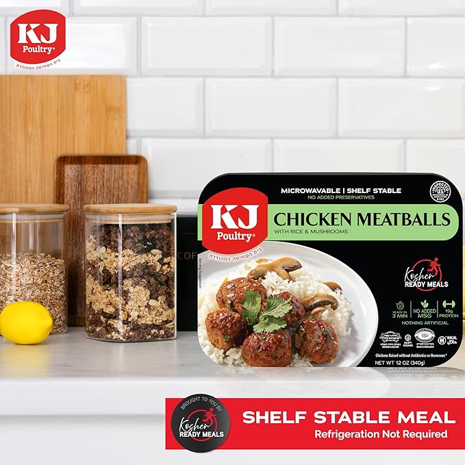 KJ Poultry Kosher Ready Meals - Chicken Meat Balls &amp Mushrooms MRE Meat Meals Ready to Eat Halal (3 Pack) Prepared Entree Fully Cooked Shelf Stable Microwave Dinner Travel Military Camping