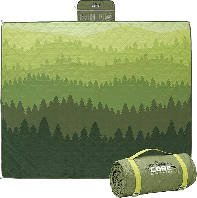 CORE Outdoor Weighted Blanket | Packable Waterproof Picnic Blanket Beach Mat Tent Camping Rug &amp Stadium Blanket | Large Portable 94 x 78 Quilt Design with Built-in Straps and Carry Handle