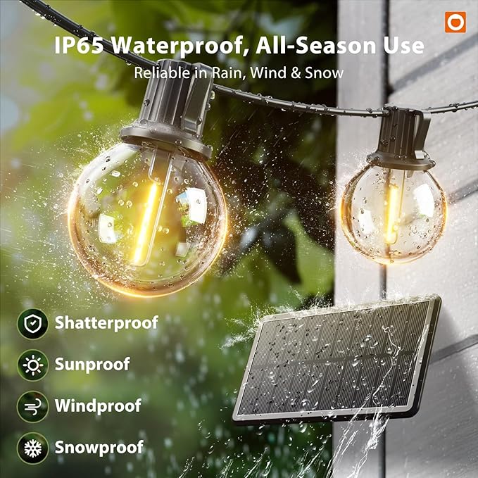 addlon 25FT Solar Powered Outdoor String Lights Waterproof with Remote G40 Solar Powered String Lights with 13 LED Shatterproof Bulbs 3 Light Modes Dimmable Solar Lights for Outside Bistro Cafe