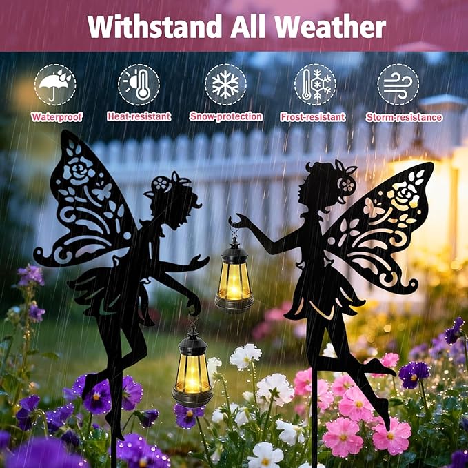 Solar Fairy Garden Statues Outdoor Decor 2 Pack Metal Fairy Figurine Light StakeHousewarming Ornament for Patio Lawn Yard Pathway - Unique Gift Ideas for Gardening Mom Grandma Birthday