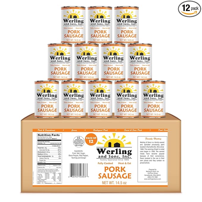 Werling &amp Sons Pork Sausage 14.5 oz – Fully Cooked Premium Canned Meat | Heat &amp Eat | 5-Year Shelf Life | Pantry Staple for Quick Meals Emergency Storage Camping &amp Everyday Use | Made in