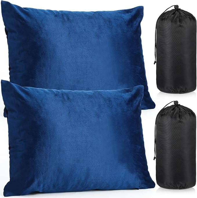 2 Pack Camping Pillow for Sleeping Shredded Memory Foam Travel Pillow with Storage Bag Compressible Portable Pillow for Outdoor Camp Backpacking Hiking Essential Gear(BlueMedium)