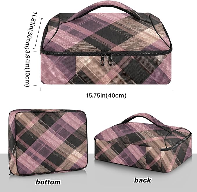 Casserole Carrier Pattern Purple Brown Tartan Plaid Insulated Casserole Carrier for Hot or Cold Food Thermal Lunch Tote for Parties Picnic Travel Carry Bag