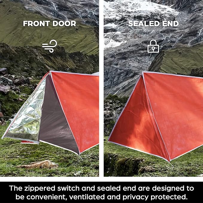 LYN Extra Large Zipper Reusable Survival Emergency Shelter TentThermal Waterproof Fireproof Lightweight Bugout with Paracord✚Stake for CampingFirst AidHiking&ampBushcraft