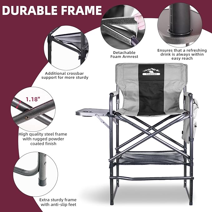 Tall Directors Chair 30 Seat Height Bar Height Folding Chair with Side Table Foldable Camping Chair with Side Pocket for Makeup Artist Sports Event Supports 400LBS - Black/Gray