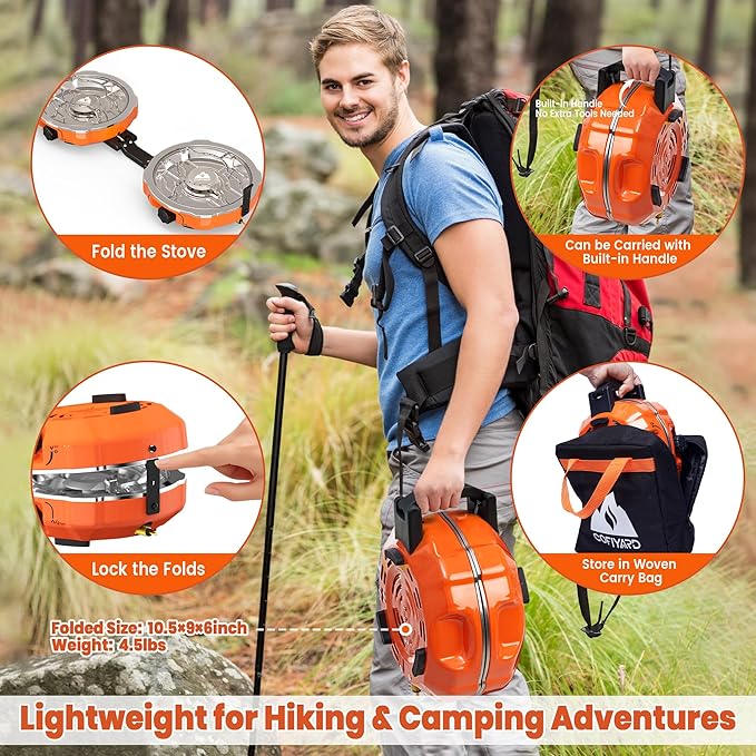 20000 BTUs 2 Burner Propane Camping Stove Portable Folding Camp Stove with Adjustable Burners Regulator and Carrying Bag Dual Gas Stoves Easy Carrying Handle for Tailgating Camping BBQ