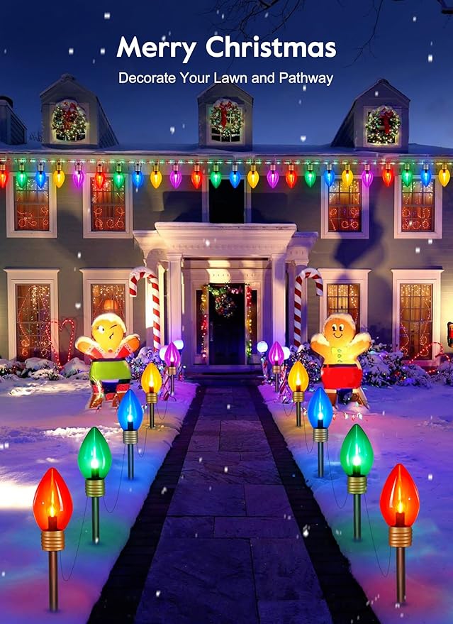 Christmas Lights Jumbo C9 Outdoor Lawn Decorations with Pathway Marker Stakes 2 Pack 8.5 Feet String Lights Covered Jumbo Multicolored Light Bulb for Holiday Outside Yard Garden Decor 10 Lights