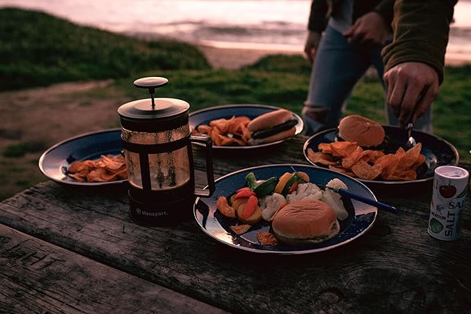 Stansport Deluxe 24-Piece Enamel Tableware Set - Enamel Plates and Bowls Lightweight and Durable Camp Dish Set for Camping and Backpacking Plates and Bowls for 4 People