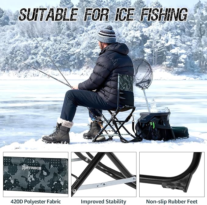 X Strike Portable Fishing Chairs Outdoor Folding Stool for Adults Portable Camping Chair for Ice FishingHuntingLawnPatioGarden300LBS.
