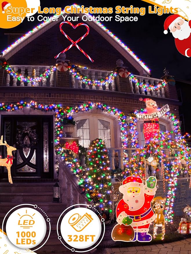 328 FT 1000 LED Christmas Lights Waterproof Outdoor String Lights with Remote and Timer Christmas Tree Lights with 8 Modes Dimmable Fairy Lights for Holiday Decor (Multicolor)