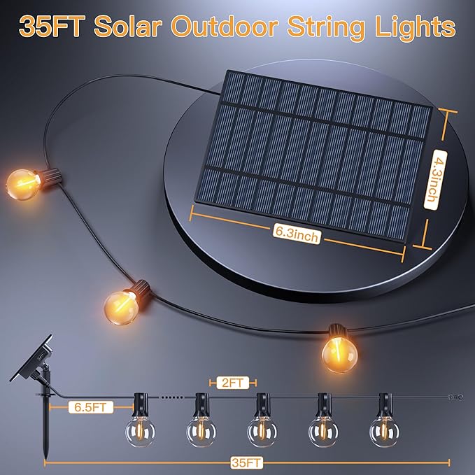 Ollny 35FT Solar Patio Lights Waterproof Remote Control Dimmable Timers 3Modes Outdoor Light with 15 LED + 1 Spare Shatterproof Bulb G40 String Lights for Outside Camping Backyard Tree Bistro