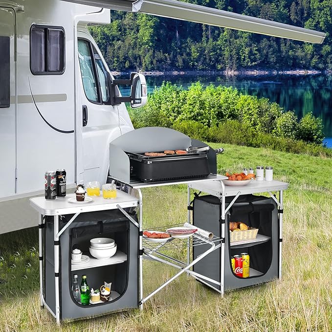 Giantex Camping Kitchen Station Folding Grill Table with 26'' Tabletop 2 Side Tables Storage Organizer Detachable Windscreen Portable Camp Cook Outdoor Prep Station Backyard BBQ Picnic (Grey)
