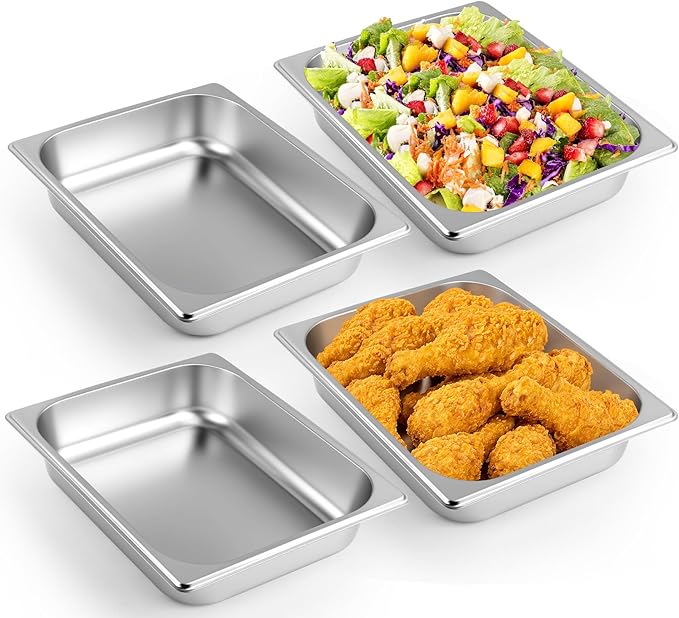 4 Pack Hotel Pans Half Size 2.7 Deep 1/2 Size Stainless Steel Steam Table Pans Metal Food Pan for Buffet Catering Breading Tray Chafing Pan for Restaurant Service Party Supplies