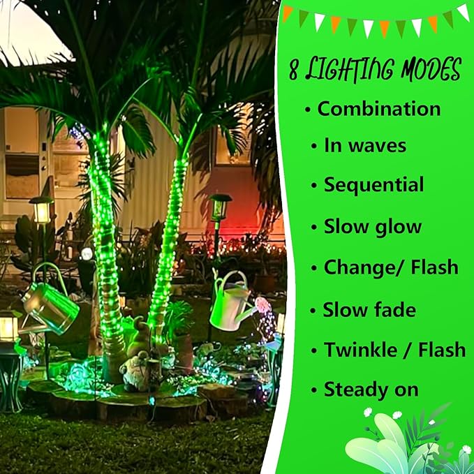 YEGUO Solar Christmas Light Outdoor Waterproof 66ft 200 LED Green Rope Lights 8 Modes Tube String Lights in Clear Thin Tube