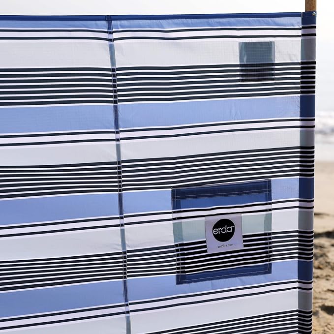 ERDA Surf Stripe Pro Beach Recycled Polyester Rip-Stop 20 ft Lightweight Windscreen Privacy Screen Wind Blocker Free Matching Shoulder Bag (New Mahogany Wood Poles)