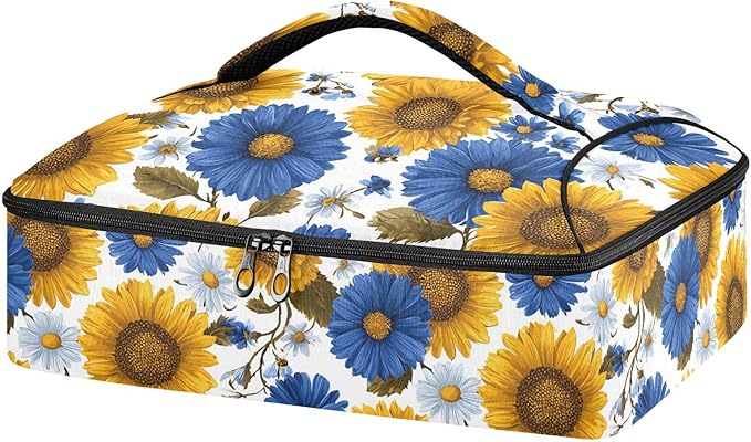 Casserole Carrier Pattern Sunflowers and Blue DaisiesInsulated Casserole Carrier for Hot or Cold Food Thermal Lunch Tote for Potluck Parties Picnic Beach Fits 9 x 13 Inches Baking Dish