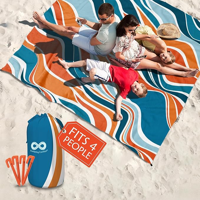 Everlasting Comfort Large Beach Blanket Waterproof &amp Sandproof - 80 x 80/ 6.7ft x 6.7ft - Lightweight Picnic Mat Camping Necessities for 4 People - Accessories for Outdoor Festivals - Orange