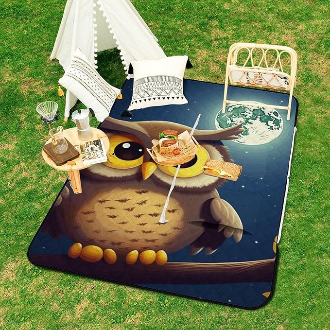 Zipper Owl and Yellow Moon Style Picnic Mat Suitable for Travel Camping Park Or Home Use