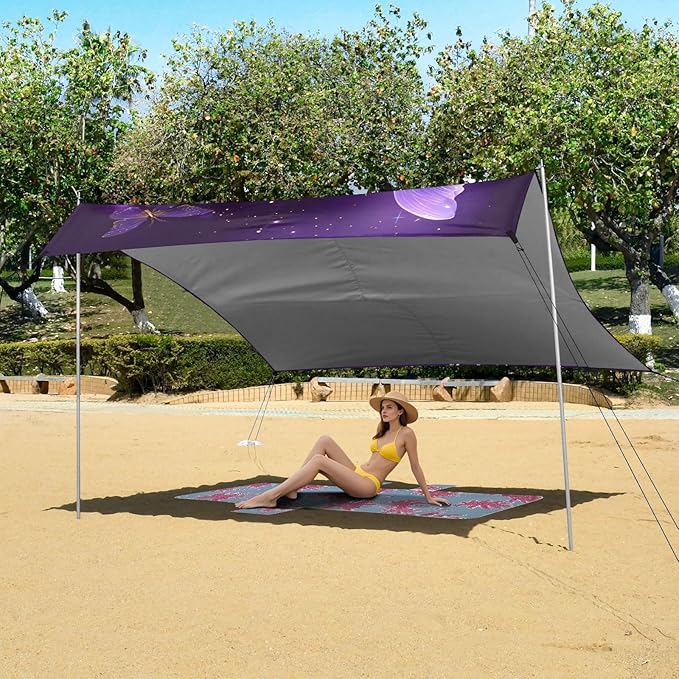 ALAZA Purple Butterfly Calla Lily Beach Tent Sun Shelter UPF50+ Protection Beach Shade Canopy w/ 4 Sandbags for Outdoor Camping Fishing Backyard Fun Picnic 10x9 ft