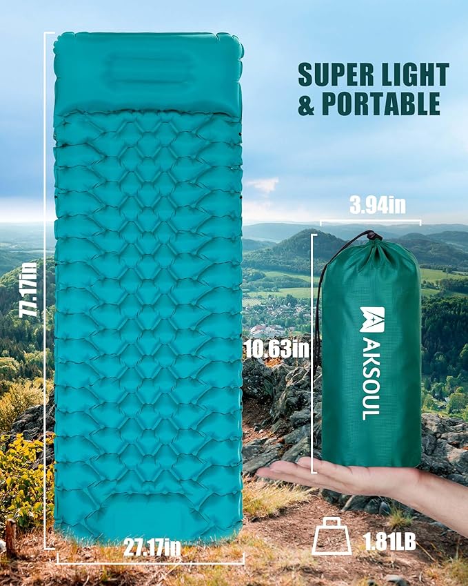 AKSOUL Camping Sleeping Pad with Pillow: Extra Thick 3.9 inch Ultralight Self Inflating Air Mat Compact Lightweight Insulated Inflatable Sleep Mattress for Backpacking Camp Hiking Tent