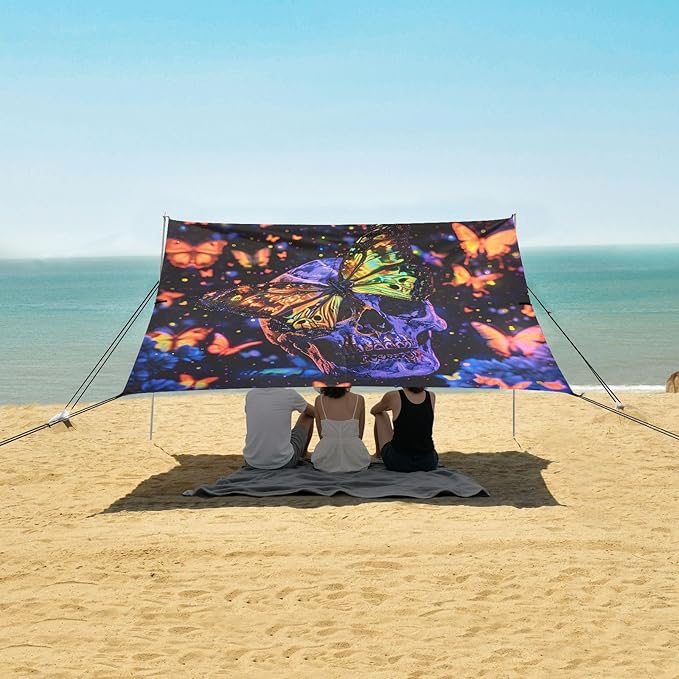 ALAZA Skull Betterflies Beach Tent Sun Shelter UPF50+ Protection Beach Shade Canopy w/ 4 Sandbags for Outdoor Camping Fishing Backyard Fun Picnic 10x9 ft