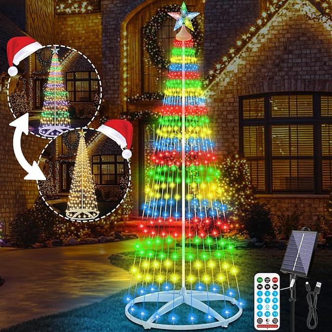 7.5Ft 312 LED Solar Christmas Cone Tree Lights with Star Topper Outdoor Christmas Tree with 11 Modes Timer Remote Dimmable Waterproof for Yard Holiday Christmas Decoration Warm White &amp Multico