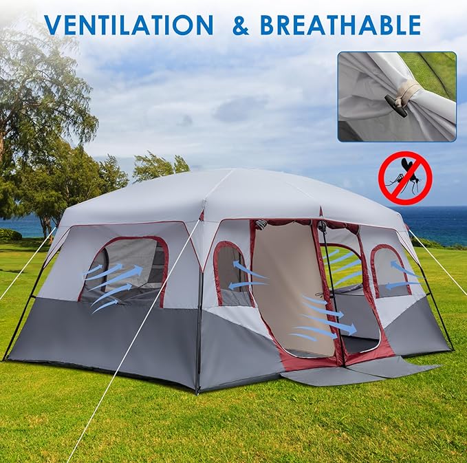 10-Person Family Cabin Tent 2-Room 405×305×200cm Waterproof 190T PU Oxford Fabric Tent with Adjustable Ventilation for Camping Hiking (Red &amp Gray &amp White)