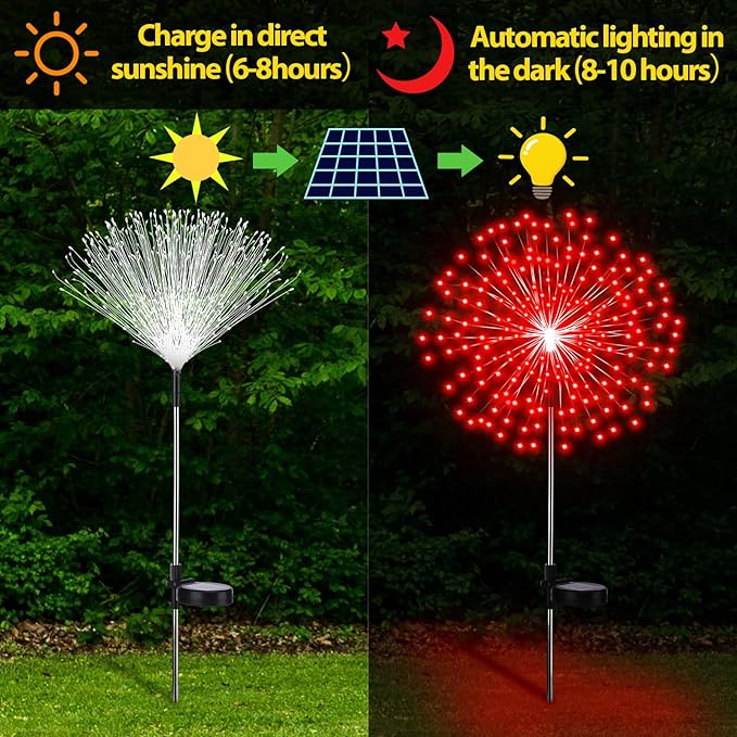 6 Pcs Solar Firework Stake Lights 180 LED 8 Modes Solar Waterproof LED Sparkler Lights Outdoor Decoration for Wedding Mother's Day Garden Patio Yard Pathway Walkway Lawn (Red White)