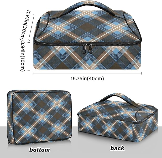 Casserole Carrier Blue Brown Tartan Plaid Insulated Casserole Carrier for Hot or Cold Food Thermal Lunch Tote for Parties Picnic Travel Carry Bag
