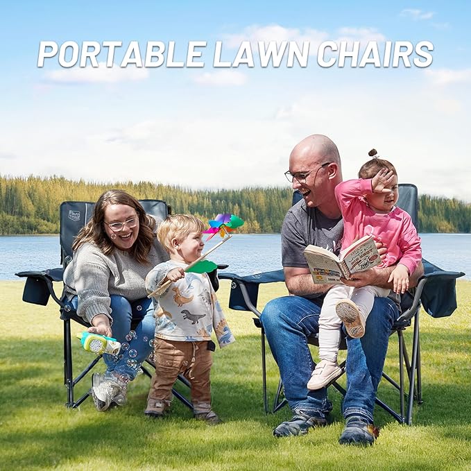 Timber Ridge Oversized Folding Camping Chair for Adults Support 550 LBS Heavy Duty Chairs with Cup Holder Side Pocket for Camping Lawn Picnic 2 Pack(Navy)