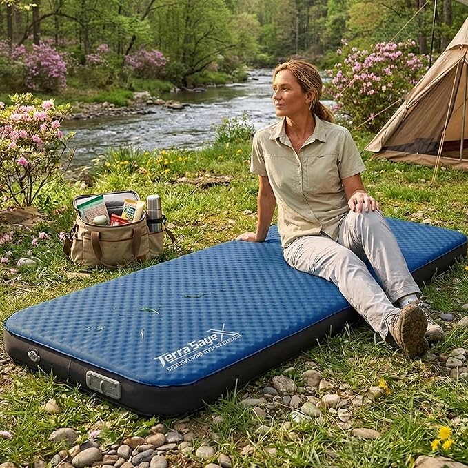 Self Inflating Sleeping Pad with Electric Pump  4 Ultra Thick memory foam camping mattress 9.5 R-Value Insulated Sleeping Mat Easy to Inflate &amp Deflate for Camping Car Travel Tent (SingleBlue)